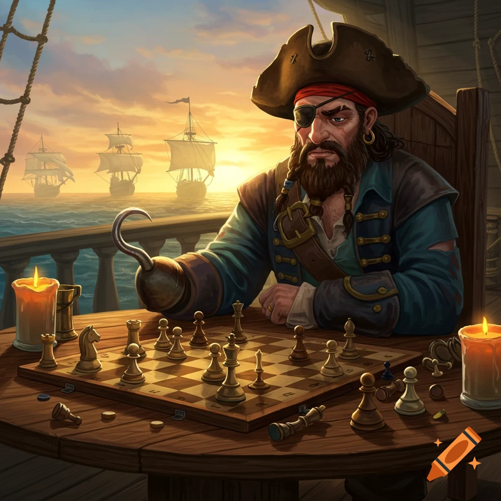 A pirate with a hook hand is playing chess on a ship deck at sunset.