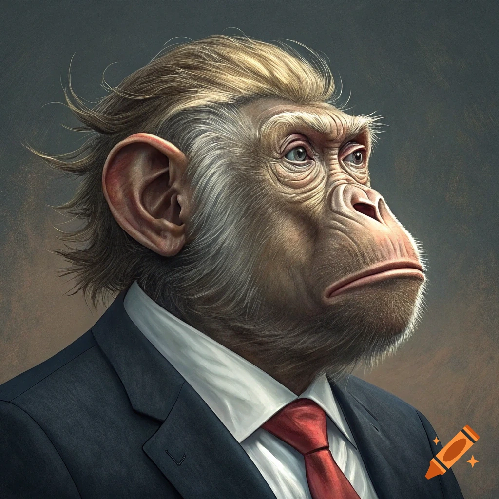 Portrait of a chimpanzee wearing a dark suit and red tie.