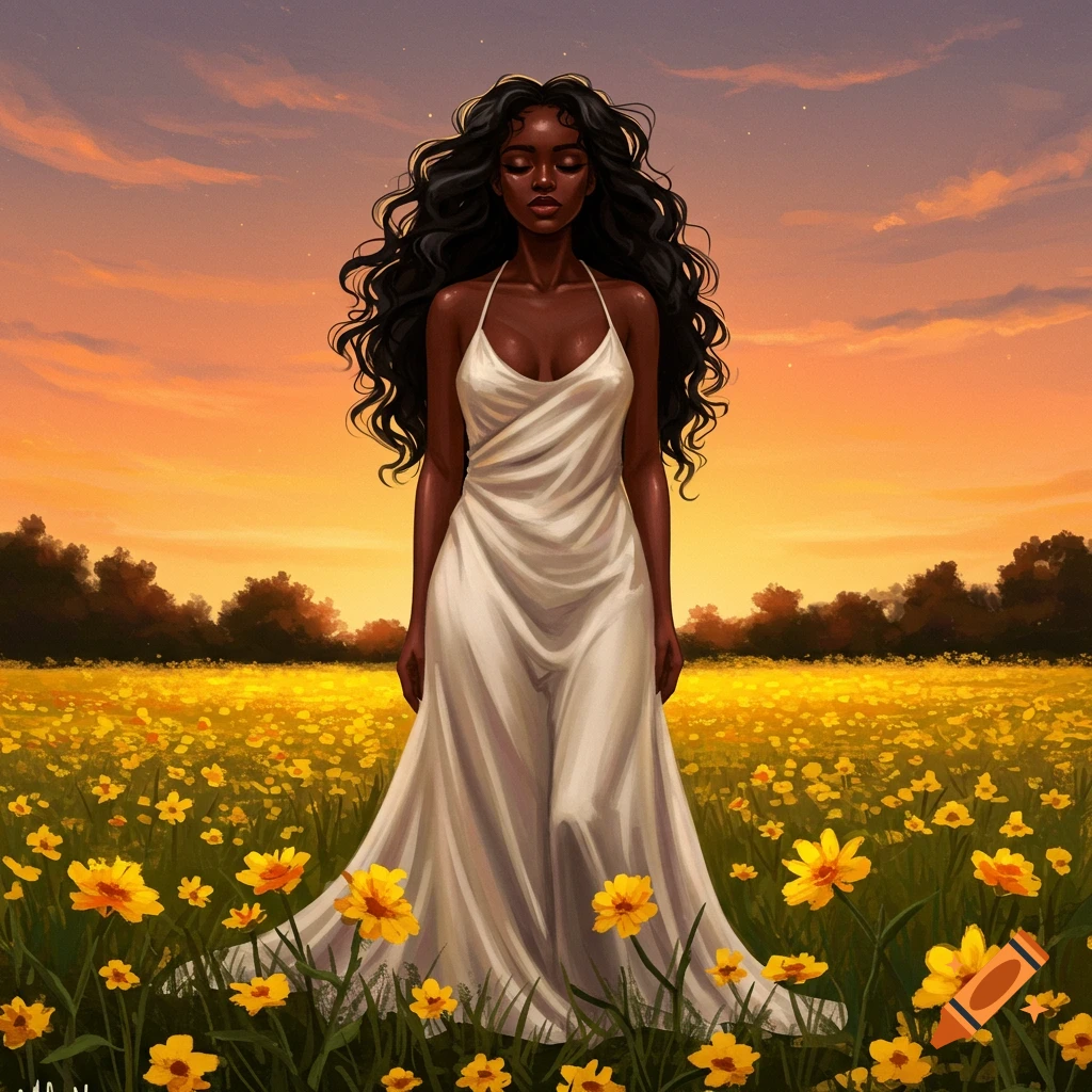 A dark-skinned woman in a white dress stands in a field of yellow flowers at sunset.