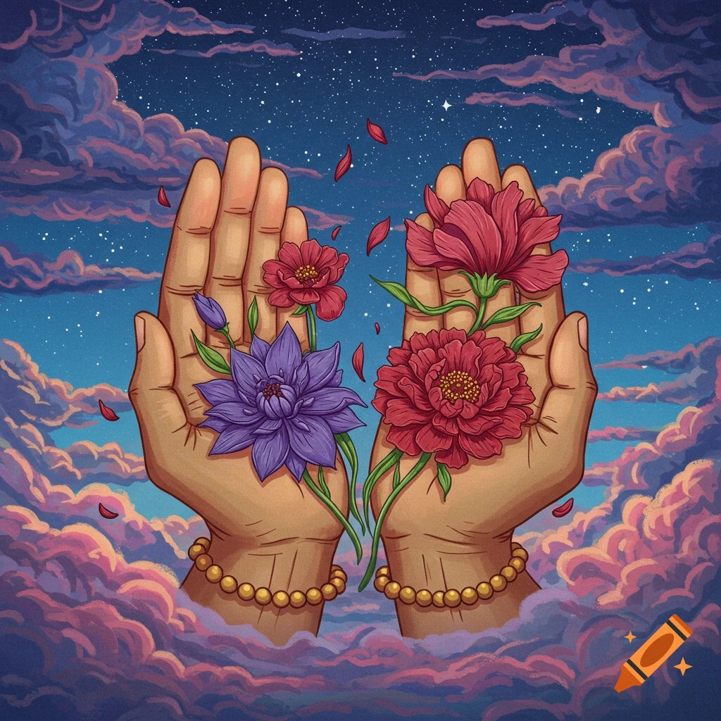 Two cupped hands emerging from clouds holding red and purple flowers under a starry sky.