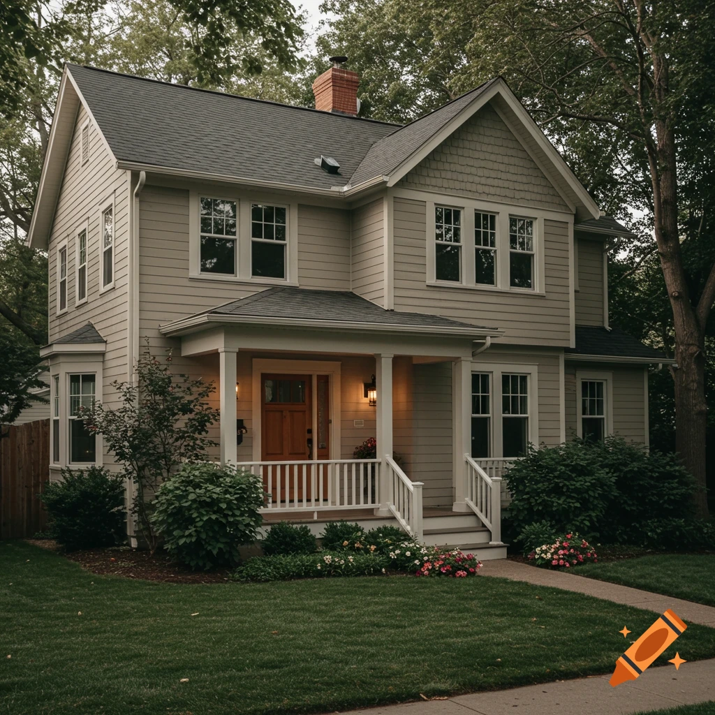 A two-story house with a covered porch and walkway, surrounded by green grass, trees, and shrubs.