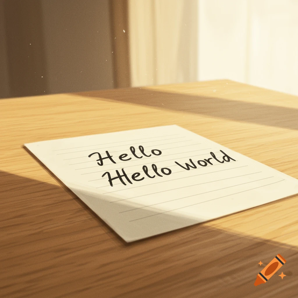 A handwritten note on a wooden table says 'Hello Hello World'. Sunlight streams from the right.