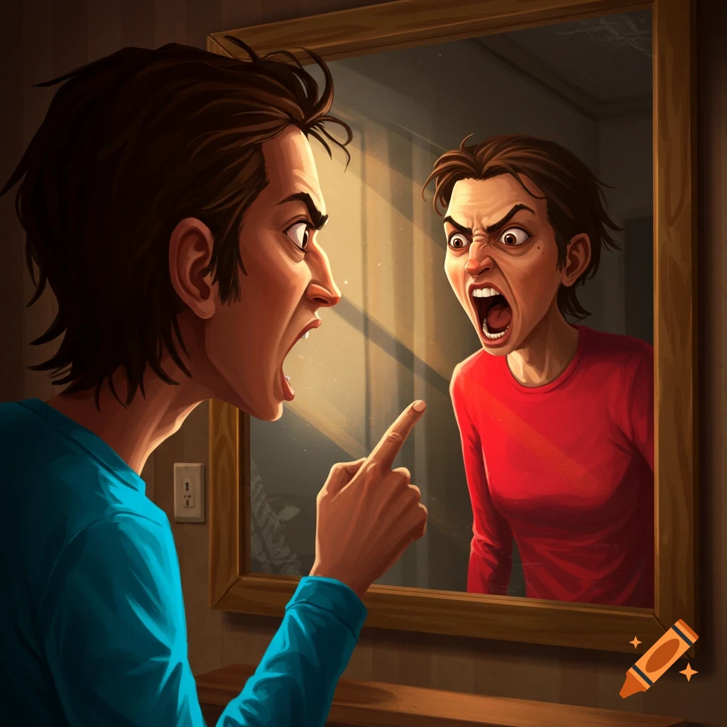 A person in a blue shirt is yelling and pointing at their reflection in a mirror, who wears a red shirt.