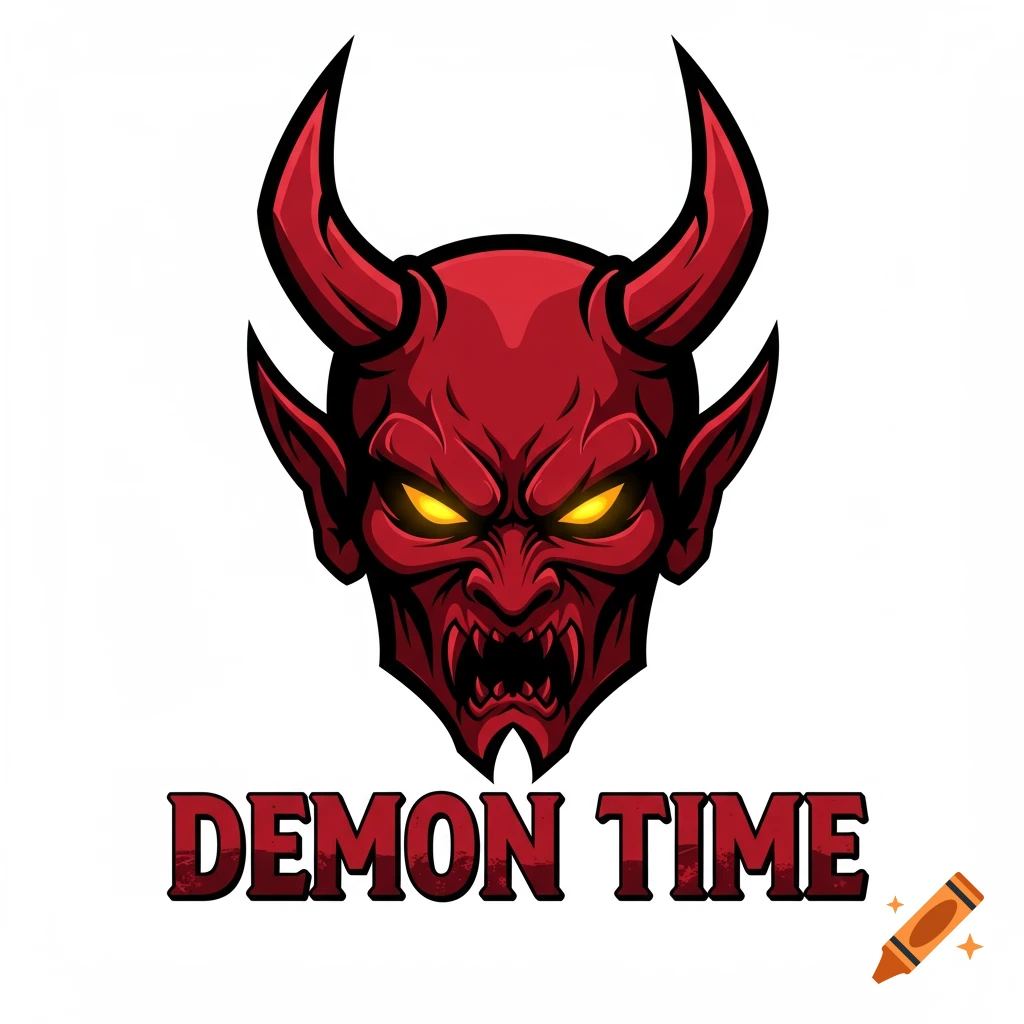 Logo of a red devil head with horns and glowing eyes above the text DEMON TIME.