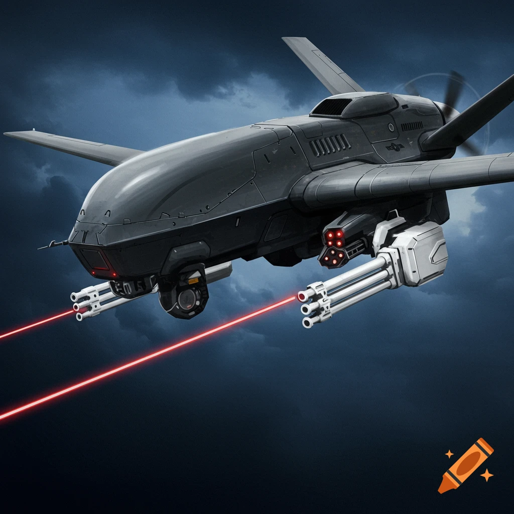 A futuristic military drone with laser machine guns flying in a cloudy sky.