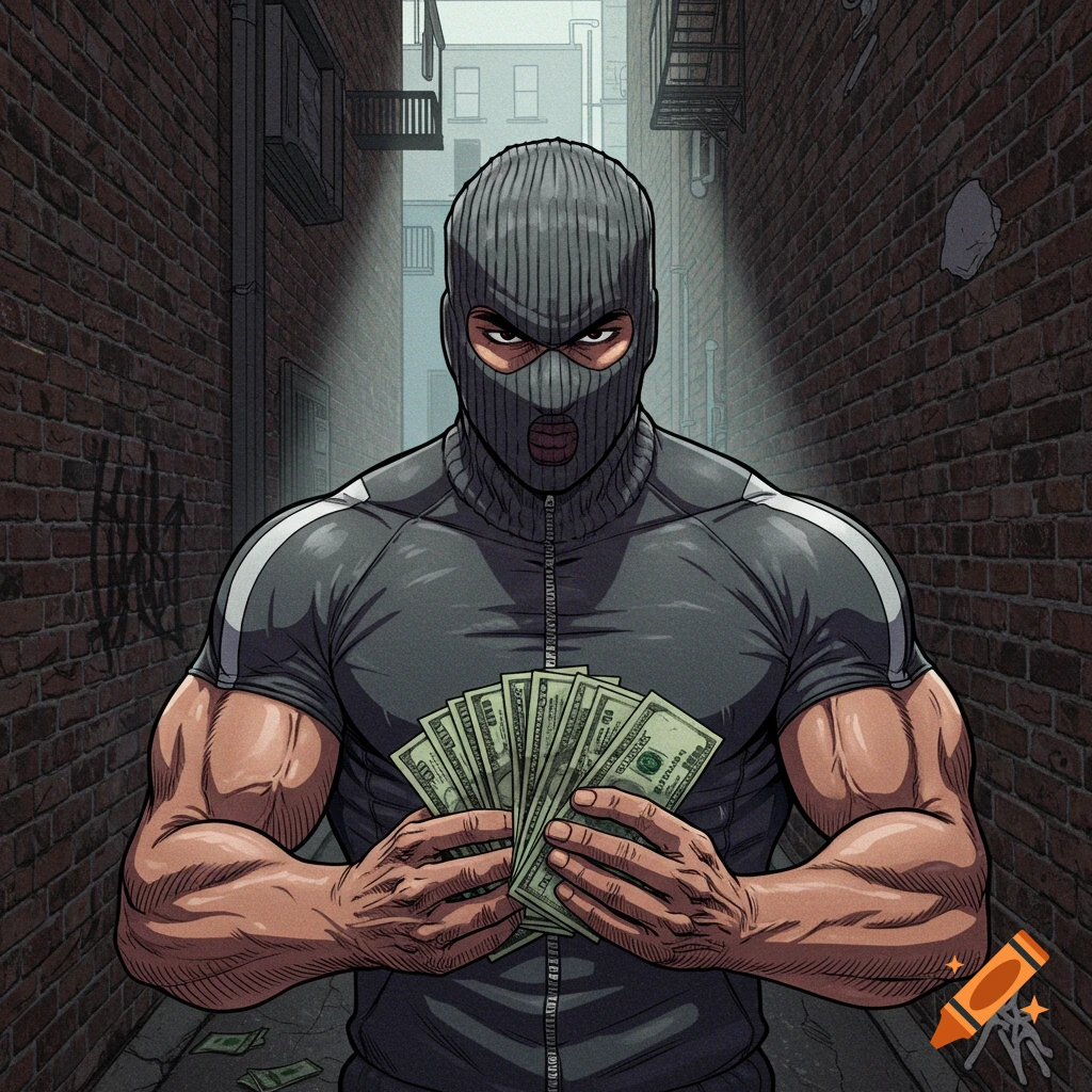 A muscular man in a ski mask holds a fan of cash in a manga style illustration of an alleyway.