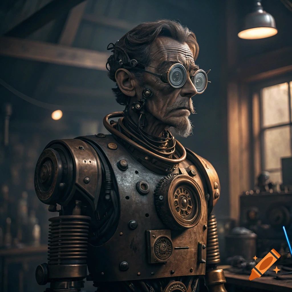 A steampunk cyborg with an old man's face and goggles in a workshop.