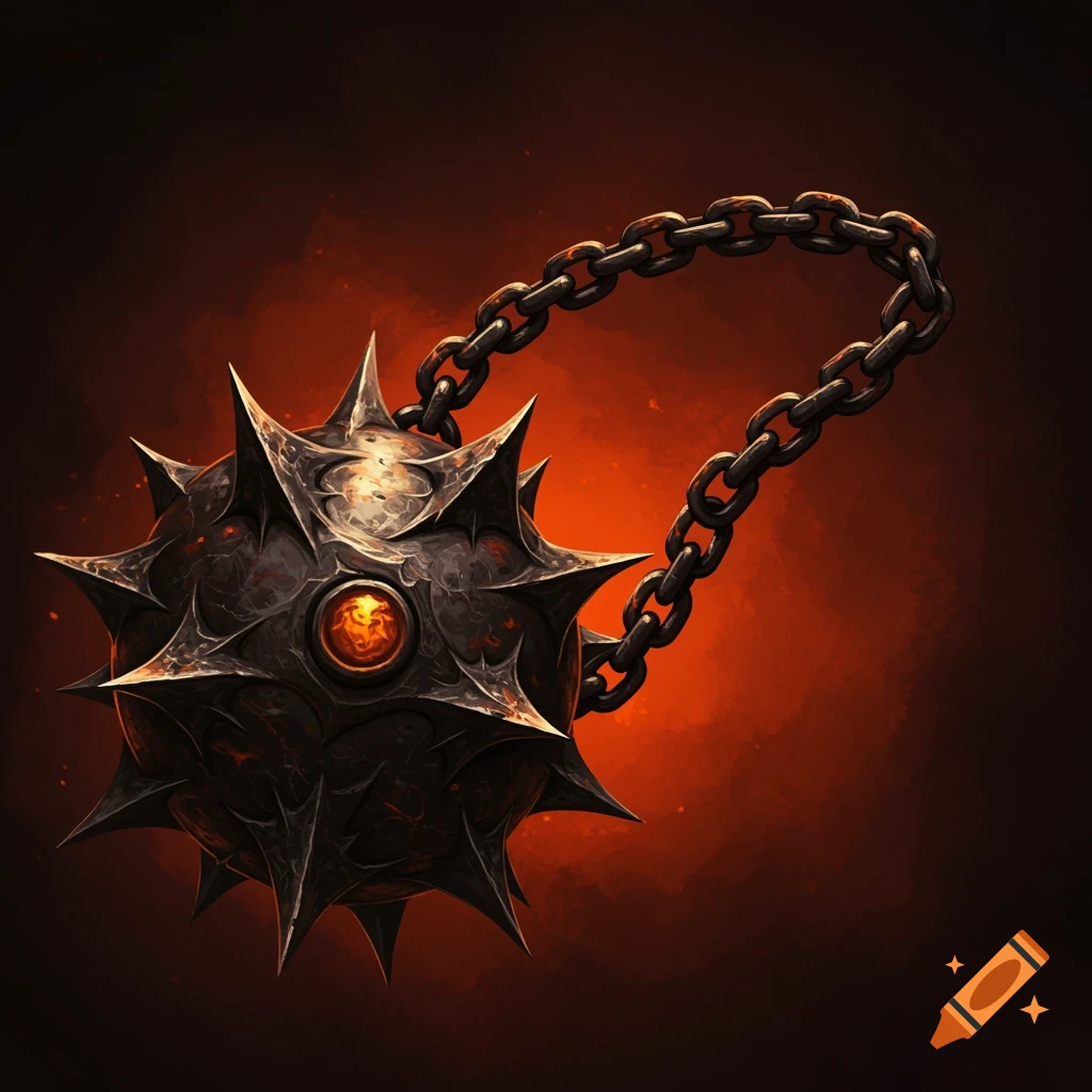 A menacing spiked flail with a chain on a dark red background.