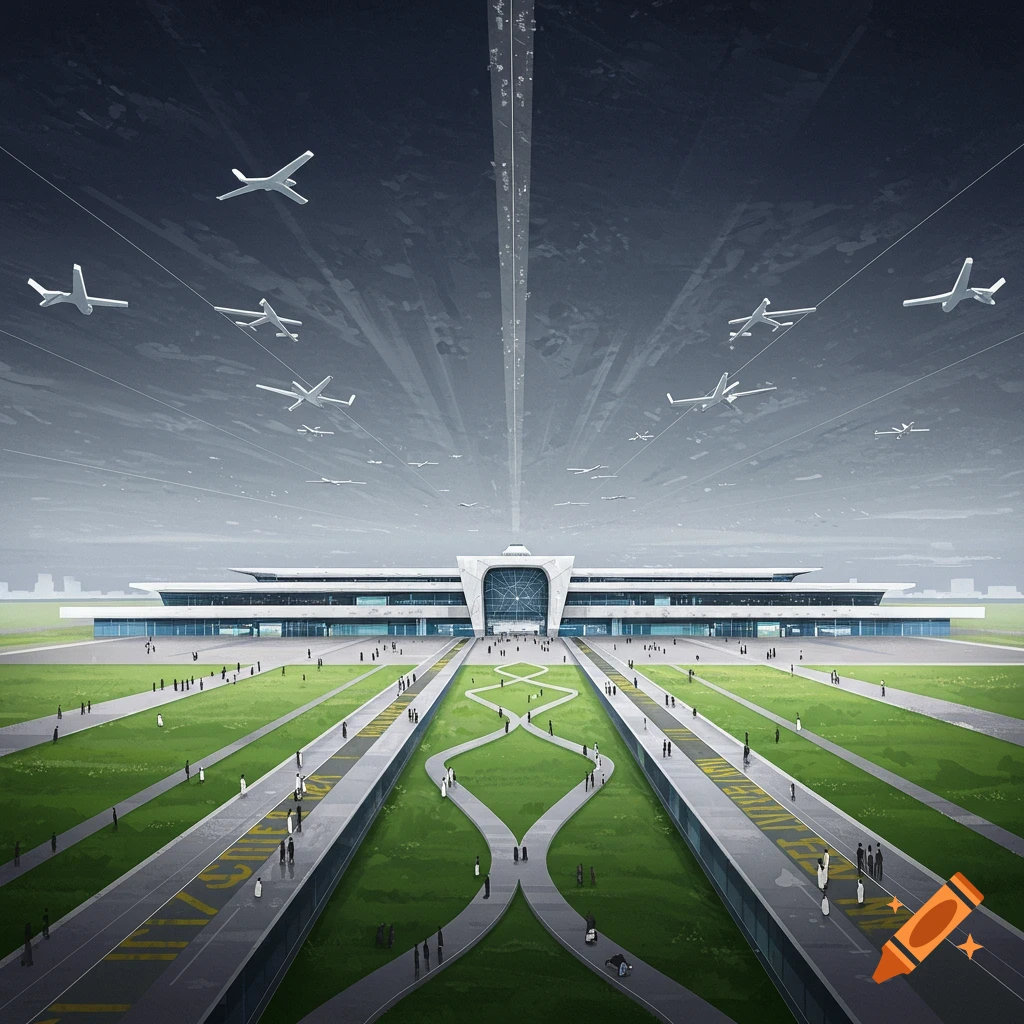 A modern airport terminal with pathways, people, and airplanes.