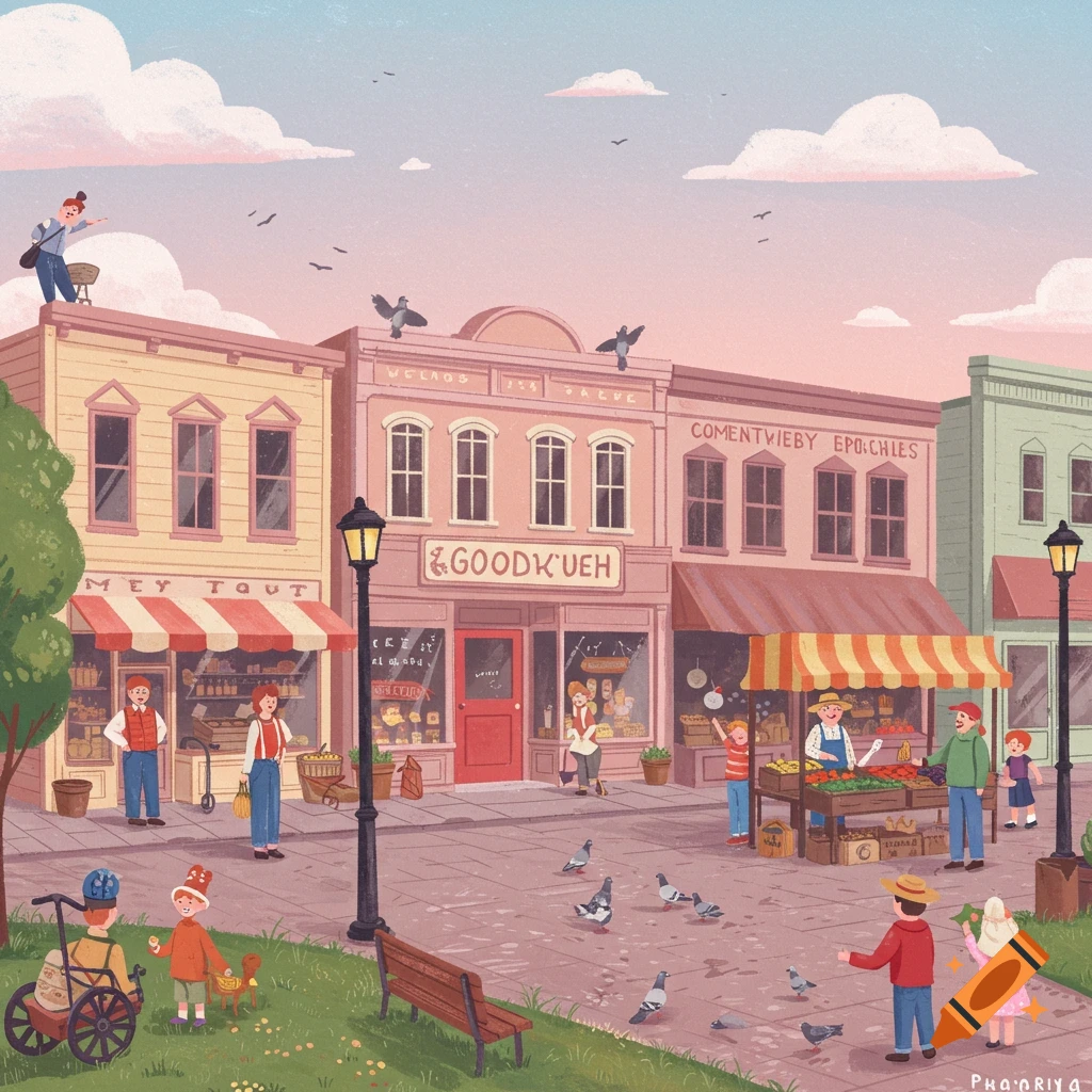 A lively town square with shops, market stalls, people, and pigeons under a pink sky.