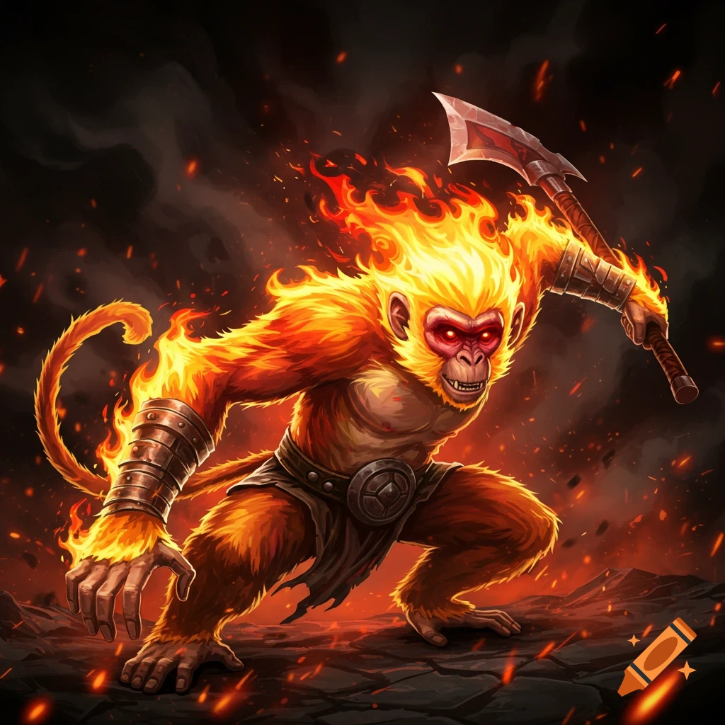 A dynamic portrayal of a fire monkey with glowing red eyes holding an axe amidst smoke and flames.