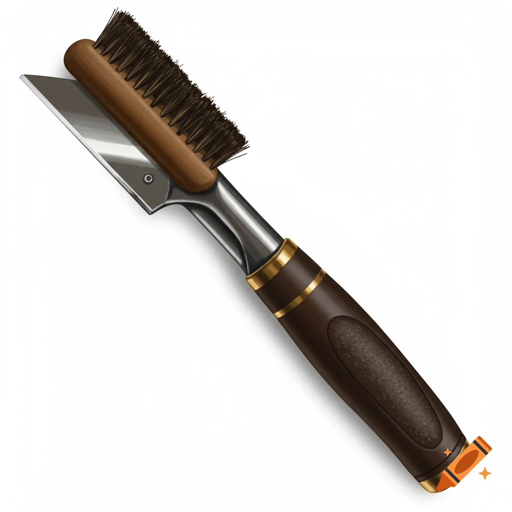A hoof pick tool with a blade, brush on one end, and an ergonomic handle.