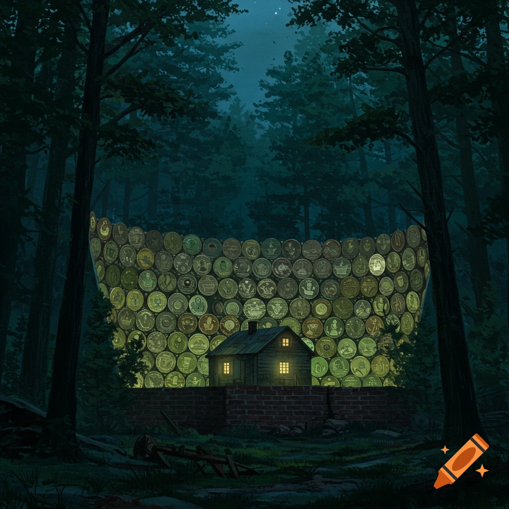 A house in a dark forest, surrounded by a brick wall and a large glowing curved wall of medals.