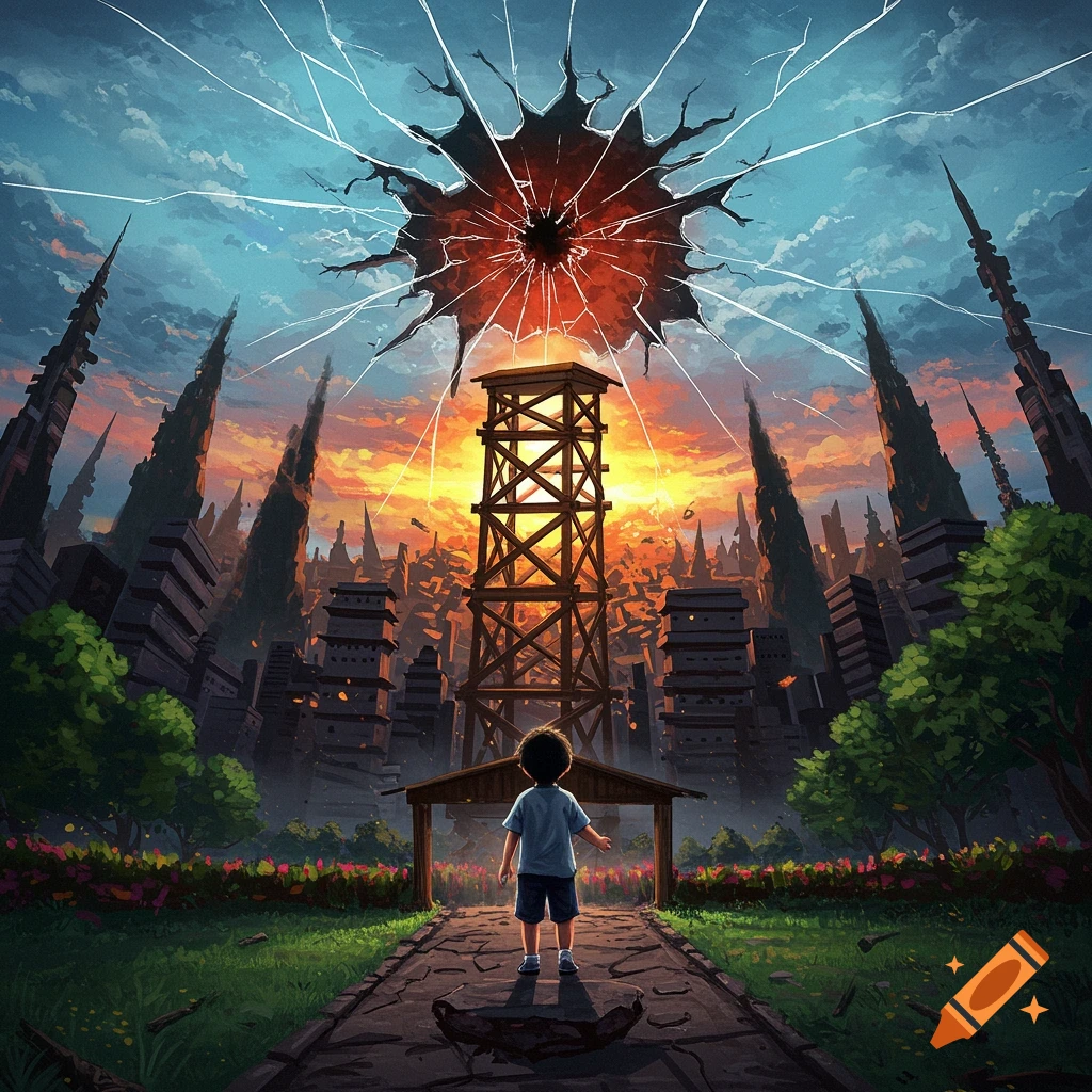 A boy stands on a path looking at a cracked sky over a city with spires.