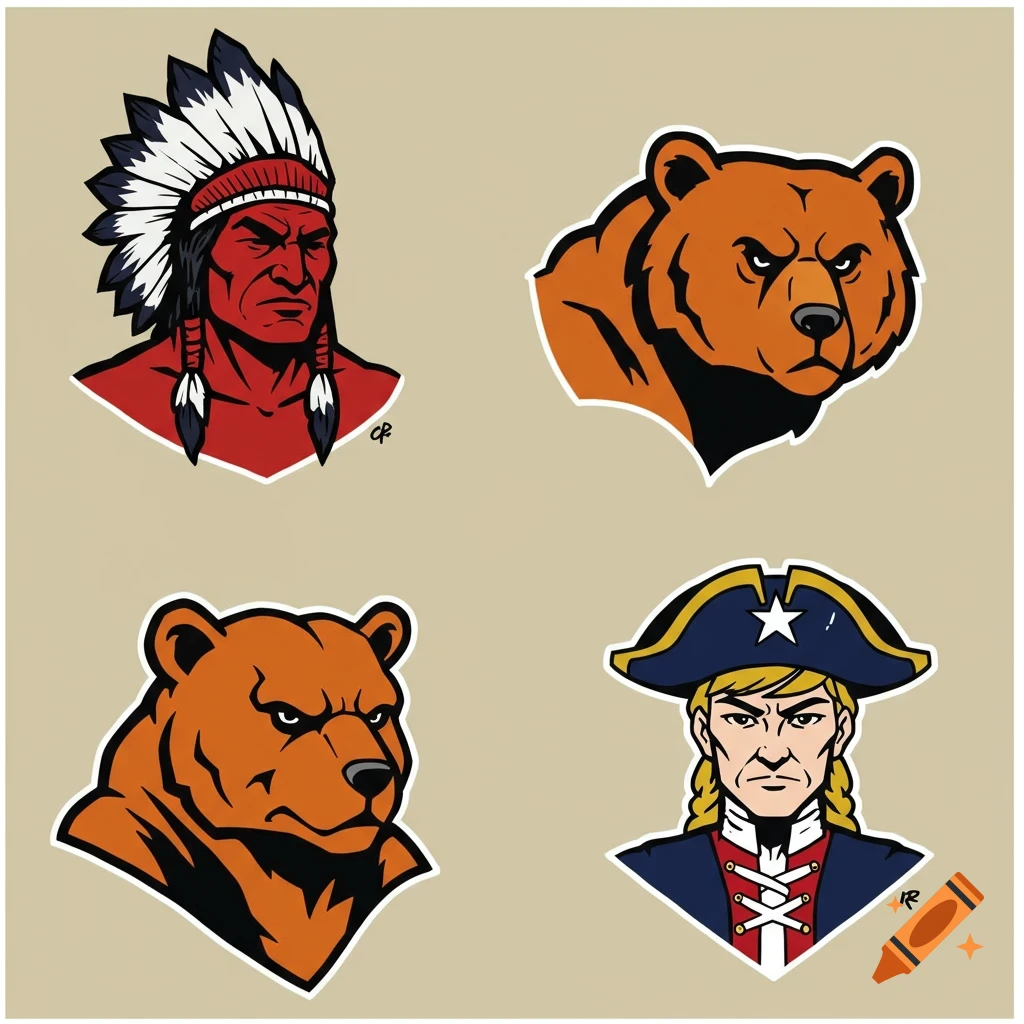 Four illustrated mascots: Native American chief, two brown bears, and a Colonial Patriot.