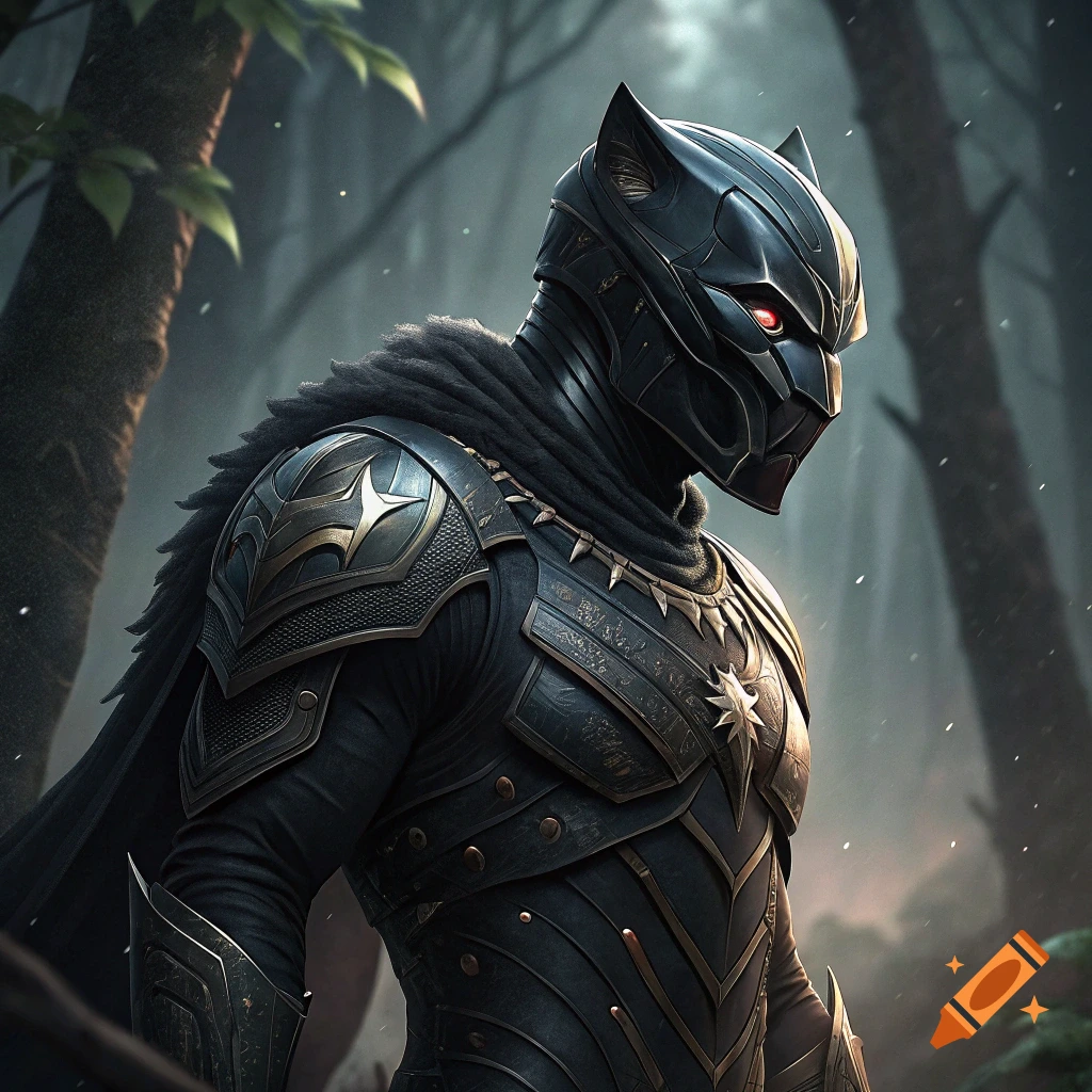 A figure in black and gold futuristic armor resembling Black Panther stands in a misty forest.