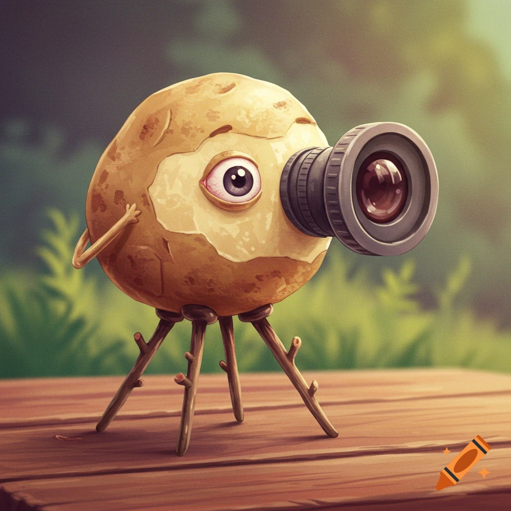 Cartoon potato creature with a camera lens eye on a tripod
