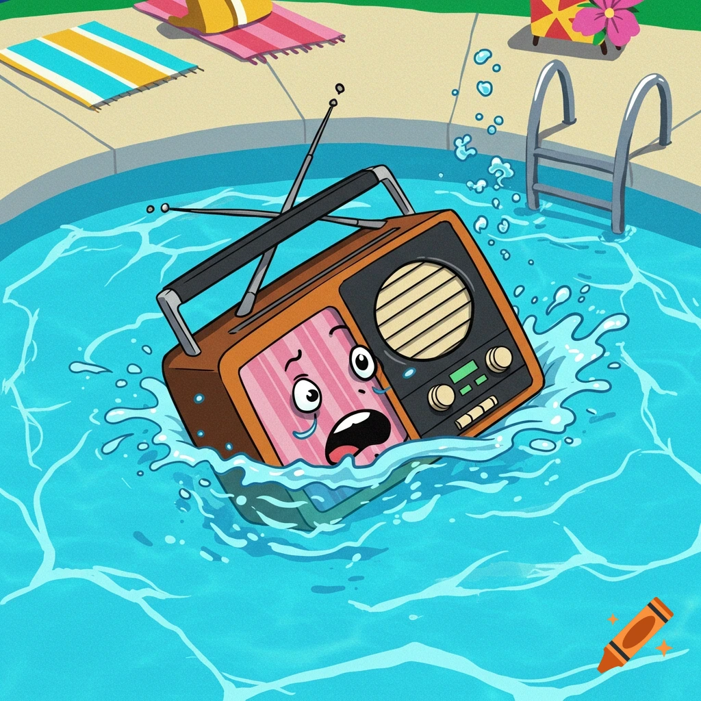 Cartoon vintage radio with a face sinking into a swimming pool.