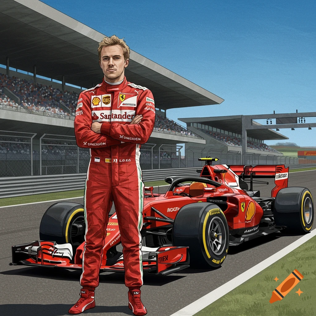 A driver in a red racing suit standing next to a Formula 1 car on a track.