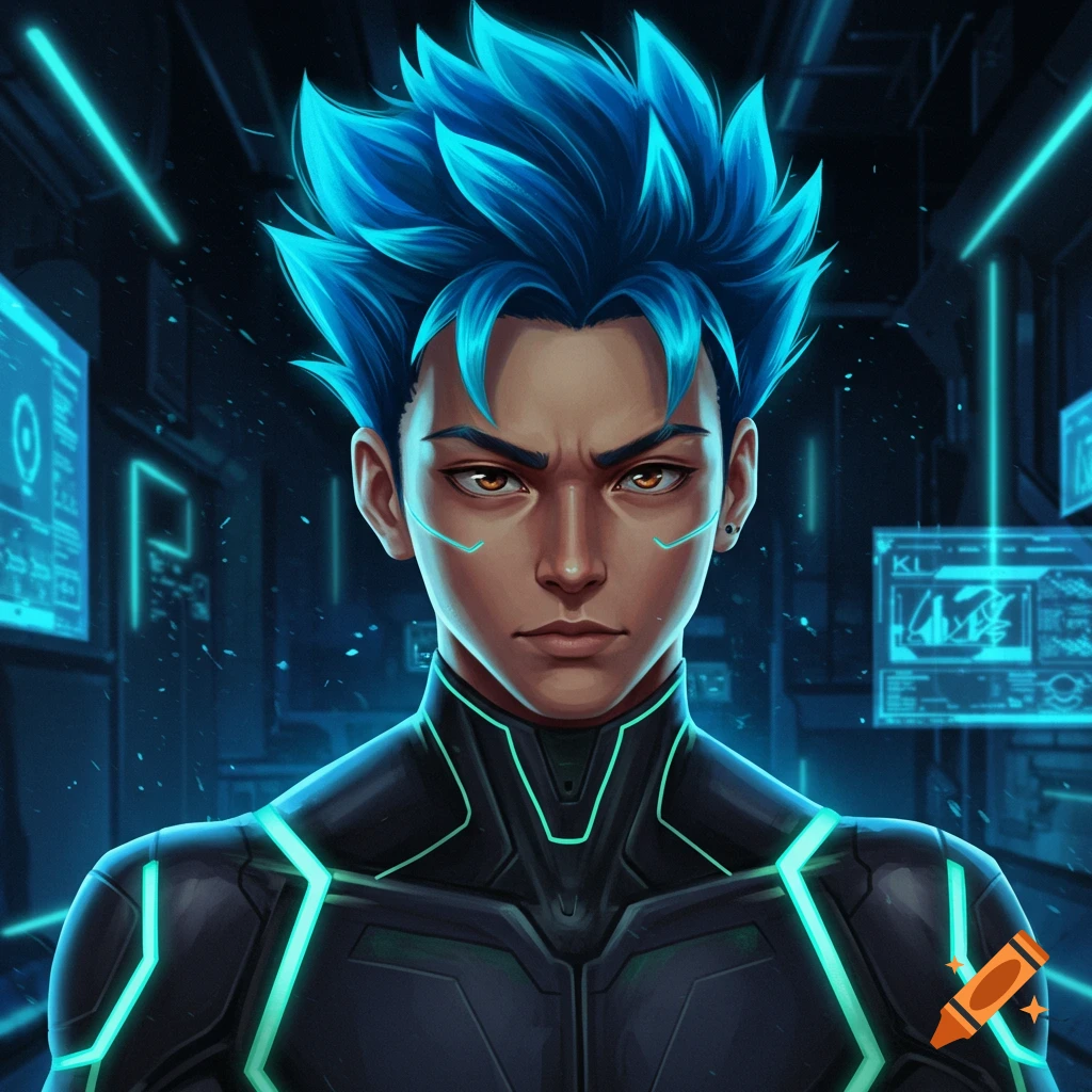 A person with blue hair in a futuristic suit in a sci-fi setting.