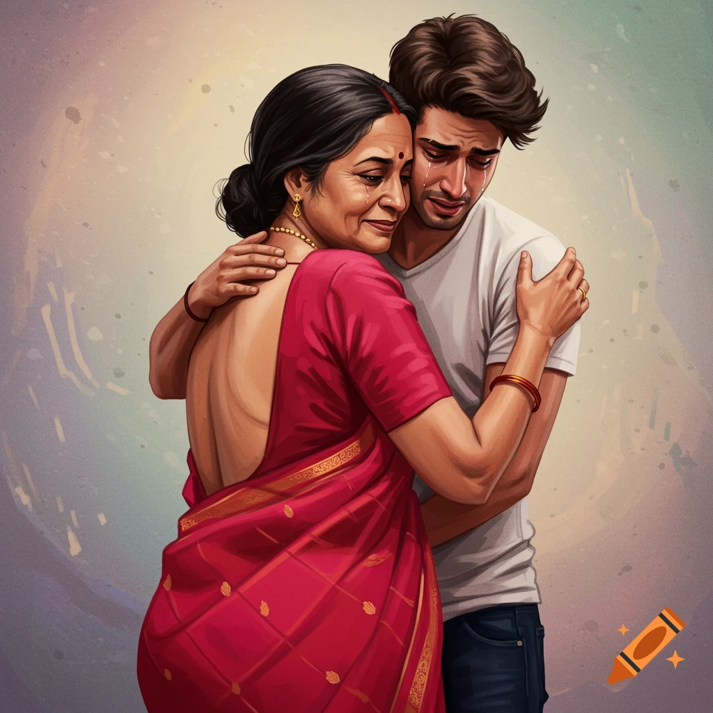 A mother and son hugging, both crying.