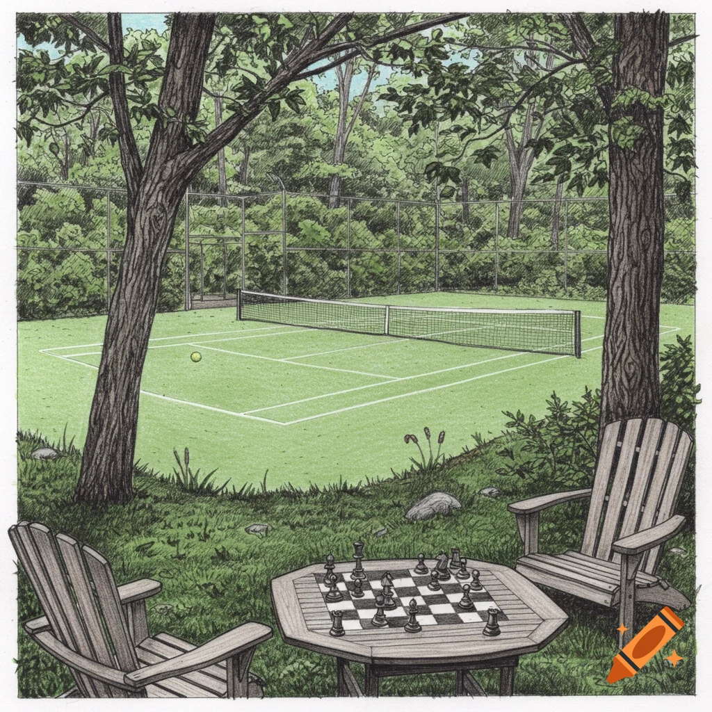 Drawing of a tennis court surrounded by trees, with chairs and a chessboard in the foreground.