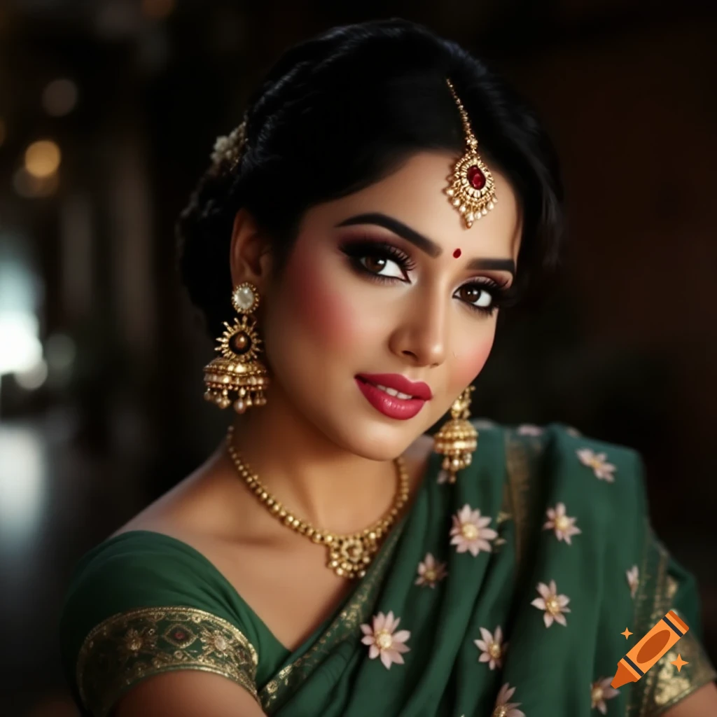 Close-up portrait of a woman in a green saree and traditional Indian jewelry.