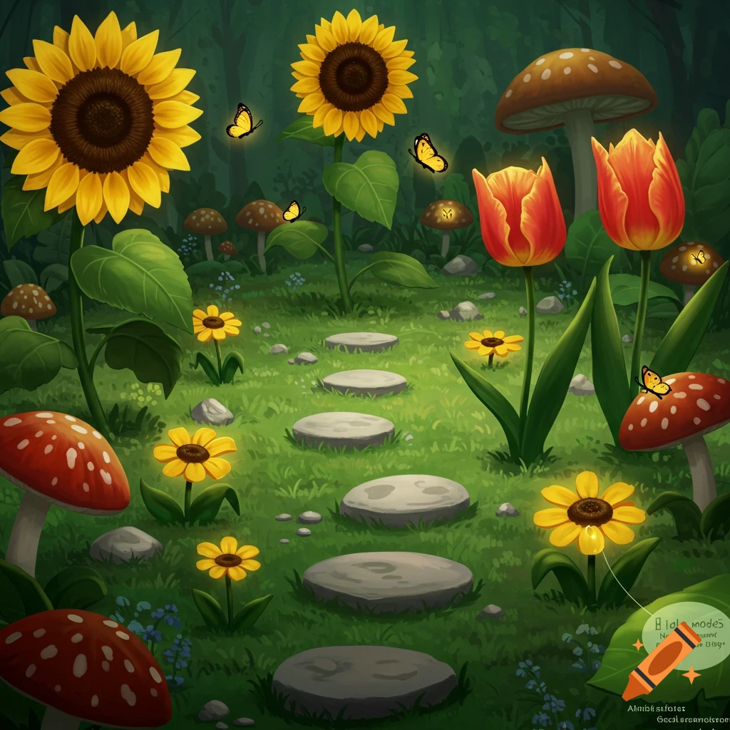 A whimsical garden path is lined with oversized sunflowers, tulips, mushrooms, and butterflies.