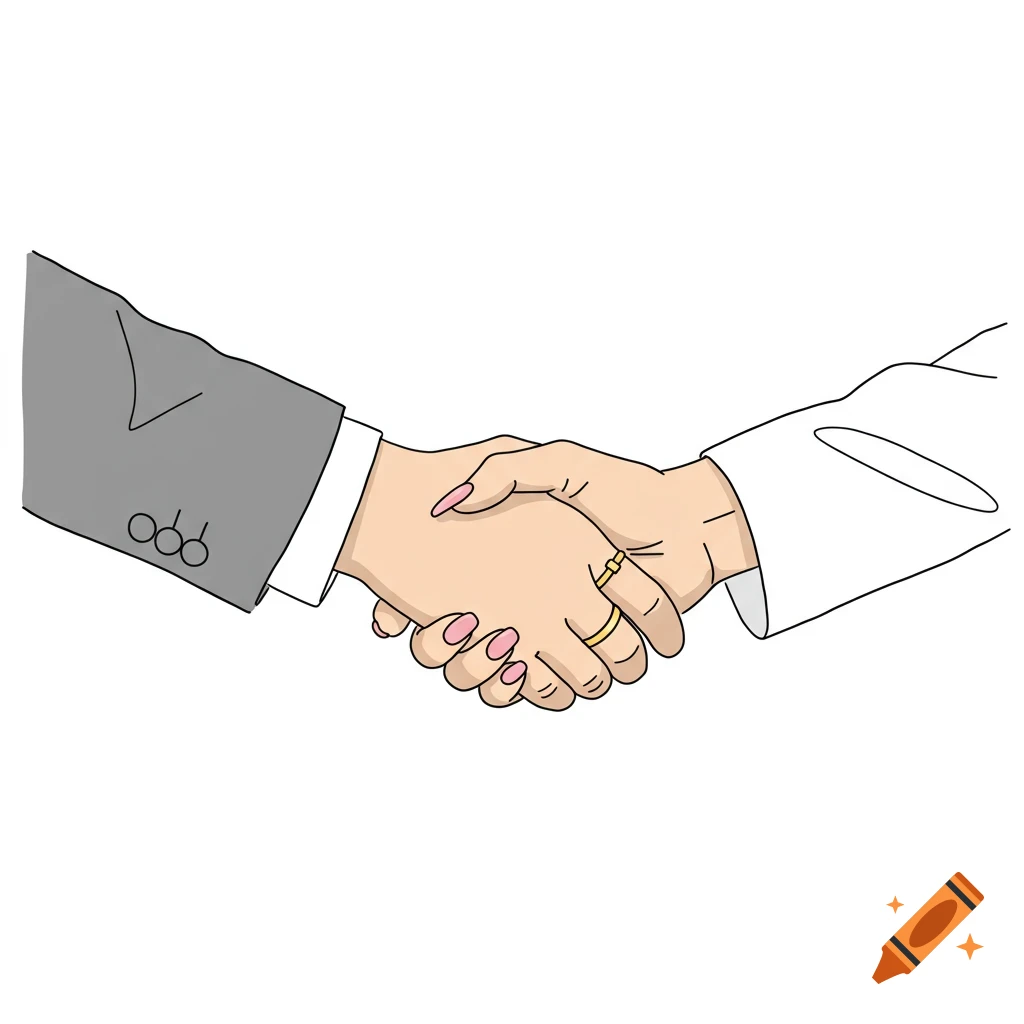 Line drawing of a man and woman shaking hands.