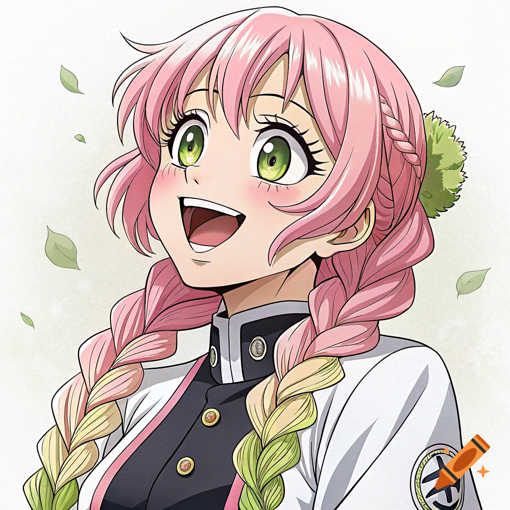 Anime girl with pink and green braided hair, smiling in a uniform