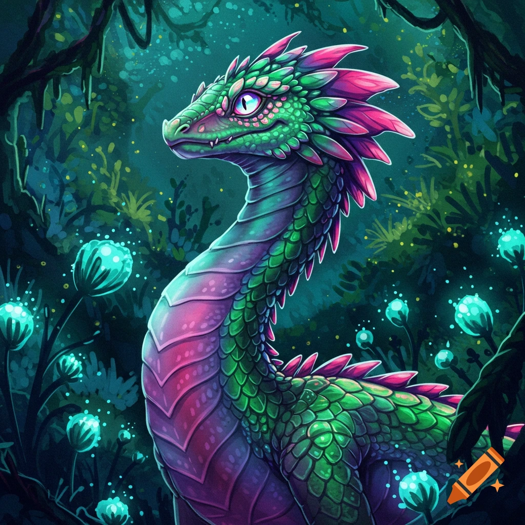 A green and purple dragon is in a magical forest with glowing plants.