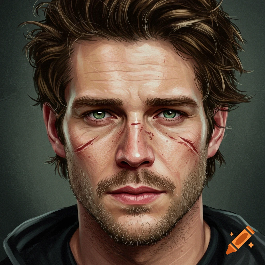 Portrait of a rugged man with green eyes, stubble, and facial scars.