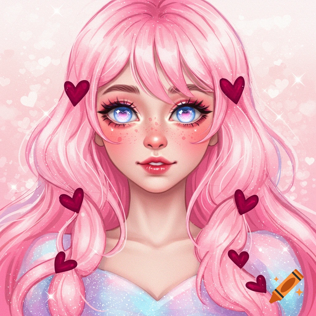 Close-up anime illustration of a girl with pink hair, sparkling blue eyes, and red hearts in her hair.