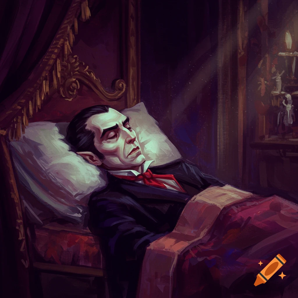 A vampire, Count Orlok, sleeps in a dark bed with sunlight filtering in.