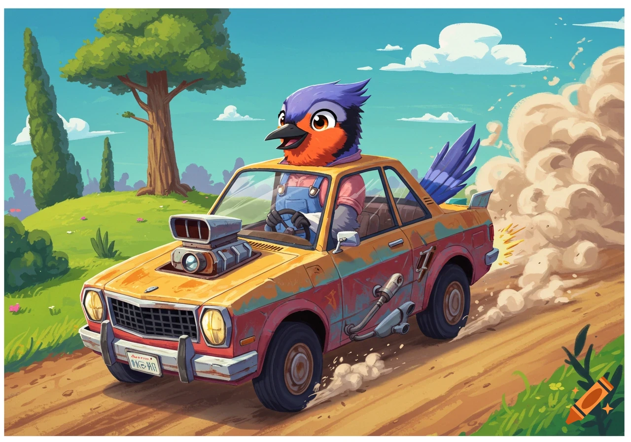 Cartoon bird in overalls drives a rusty yellow race car on a dirt road, kicking up dust.