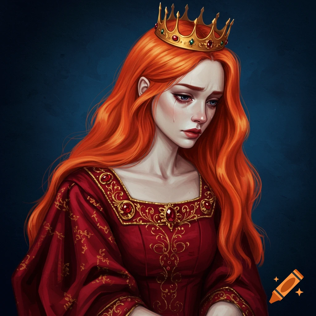 A crying red-headed princess wearing a crown and red dress.