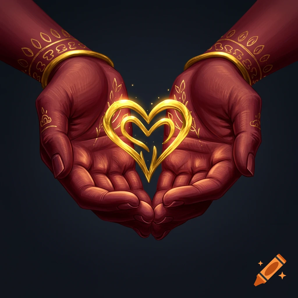 Maroon hands holding a golden heart symbol
