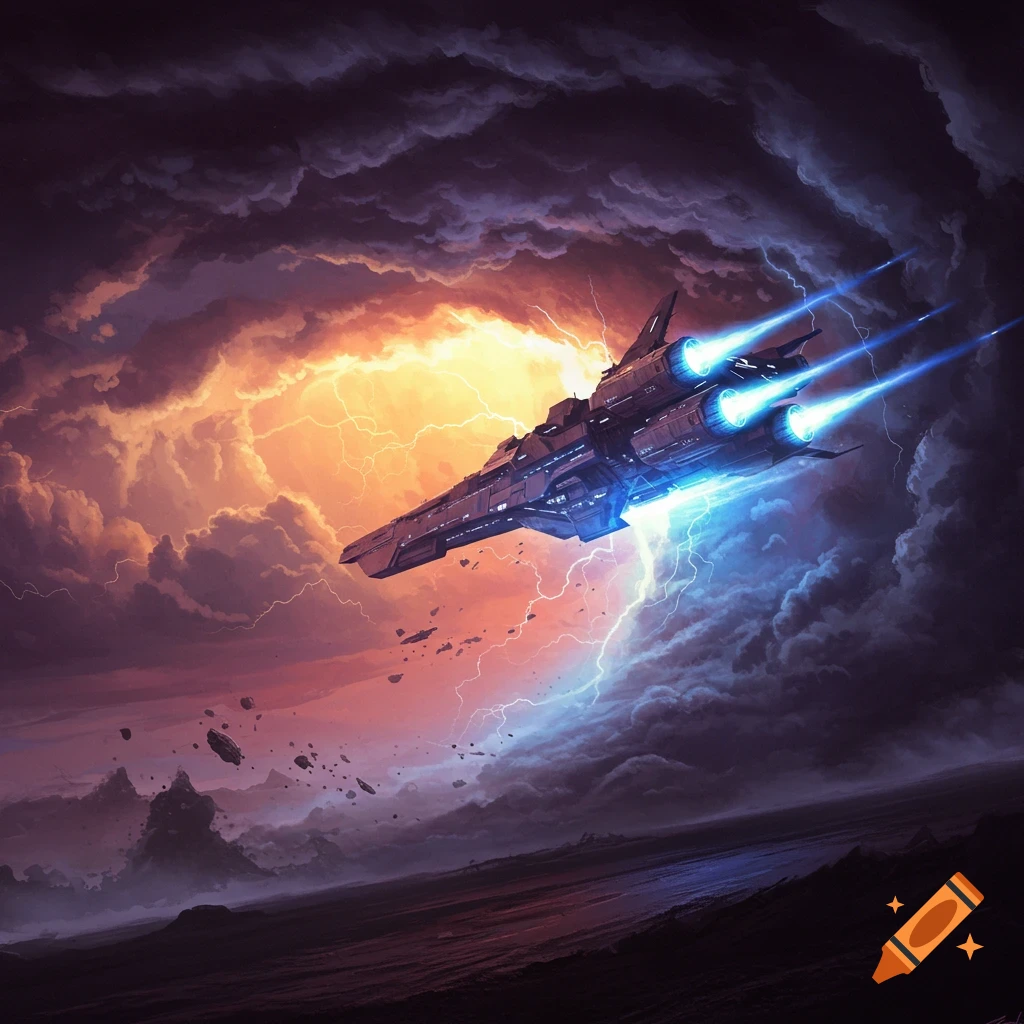 A large spaceship flies through a turbulent vortex storm with lightning and orange light.