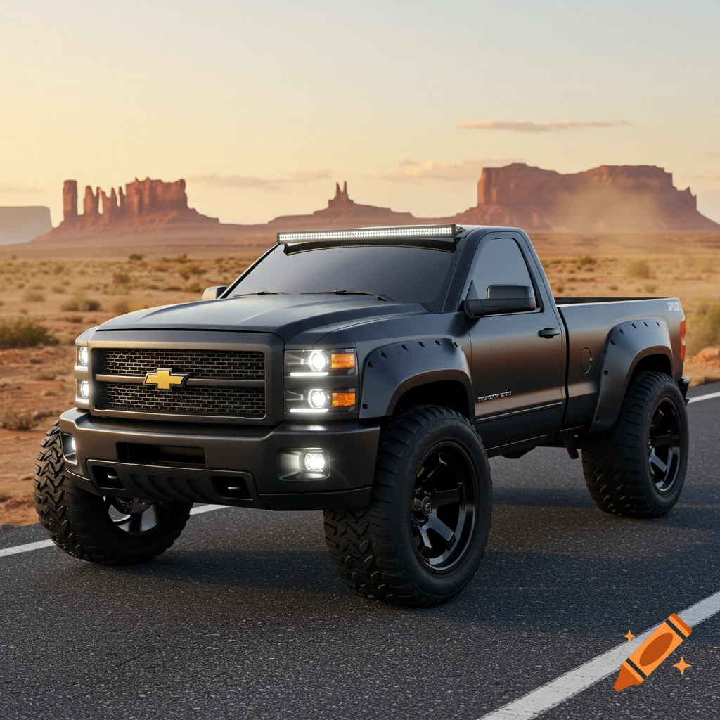 A black pickup truck drives on a road through a desert landscape with mesas.