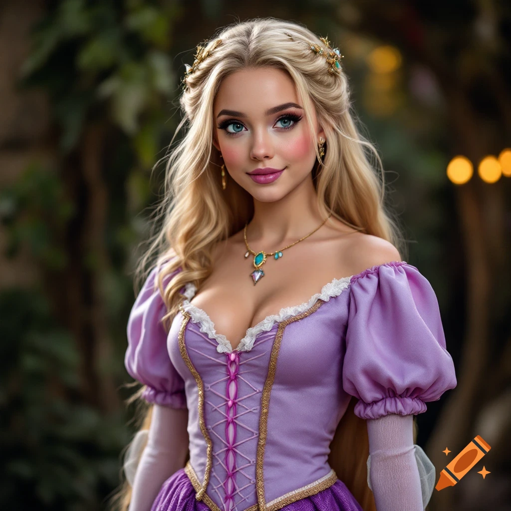 A woman in a purple fantasy dress with long blonde braided hair