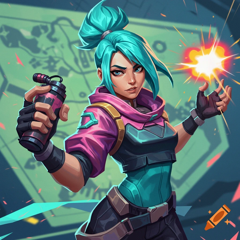 Illustration of Skye from Valorant, a woman with teal hair, holding a flash grenade and casting light from her hand.