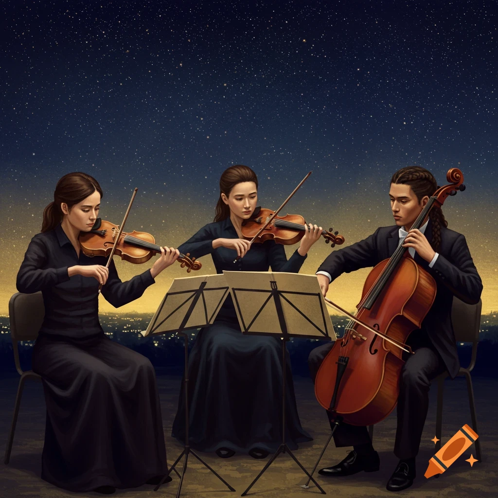 A string trio playing violin and cello outdoors at night under a starry sky.