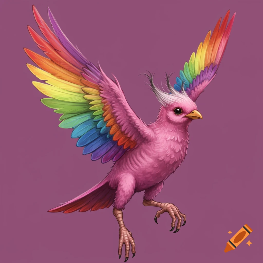 A pink fantasy bird with large, outstretched rainbow wings flies against a purple background.