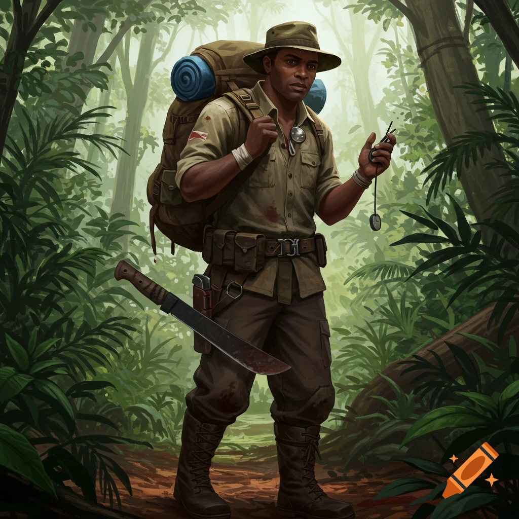 A man in jungle explorer gear with a backpack and machete stands in a forest.