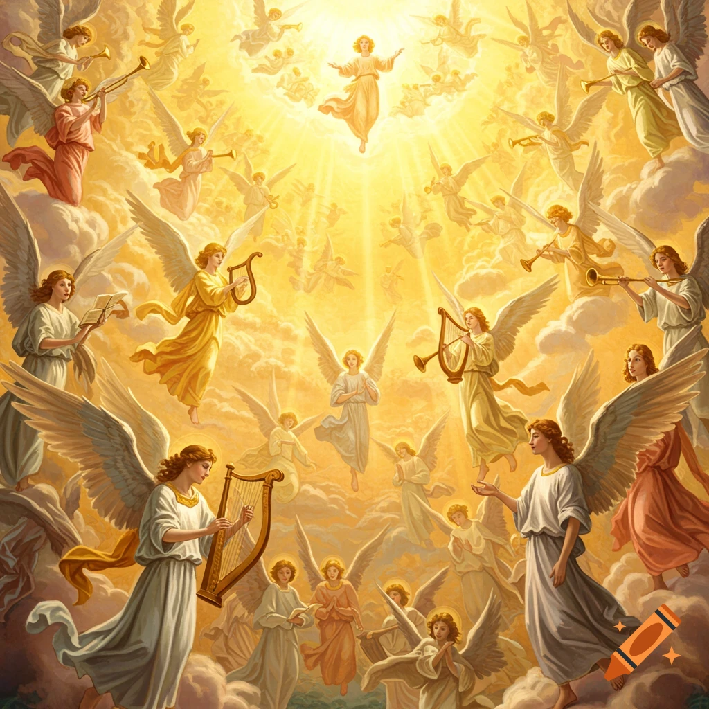 Many angels with wings, robes, and musical instruments float in golden light in heaven among clouds.