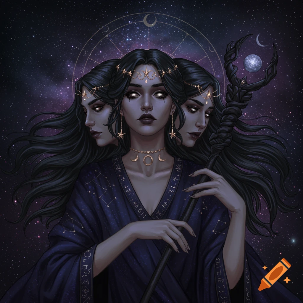 A three-headed woman, Hecate, holding a staff against a starry cosmic background.