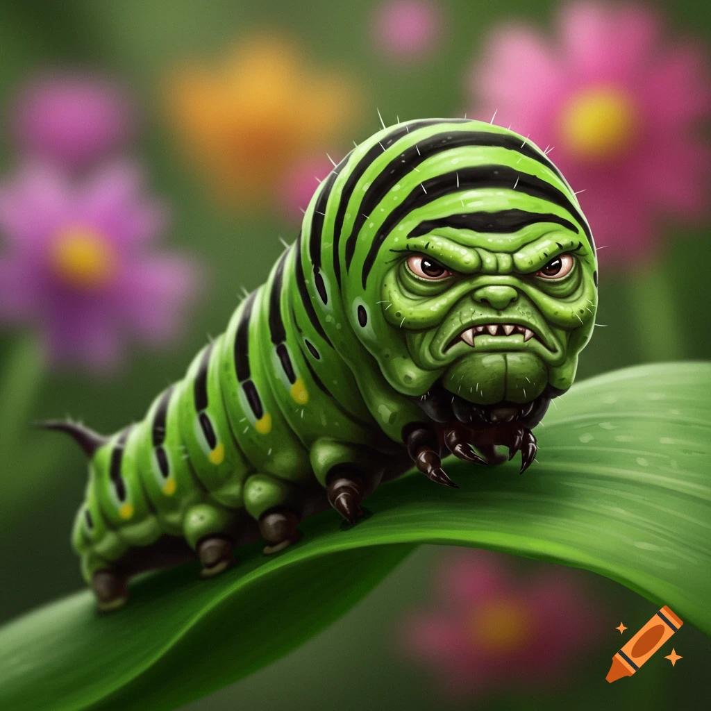 A grumpy green and black striped caterpillar sits on a leaf.
