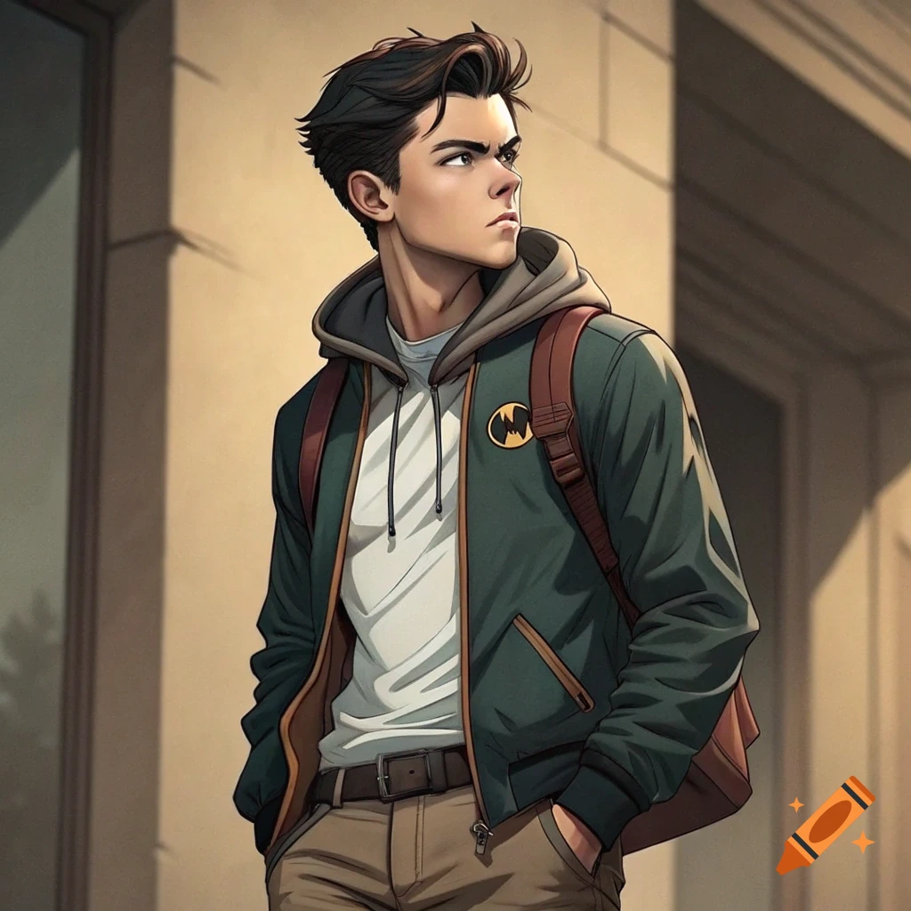 A stylized portrait of a young man in a jacket with a logo and a backpack, looking thoughtful.