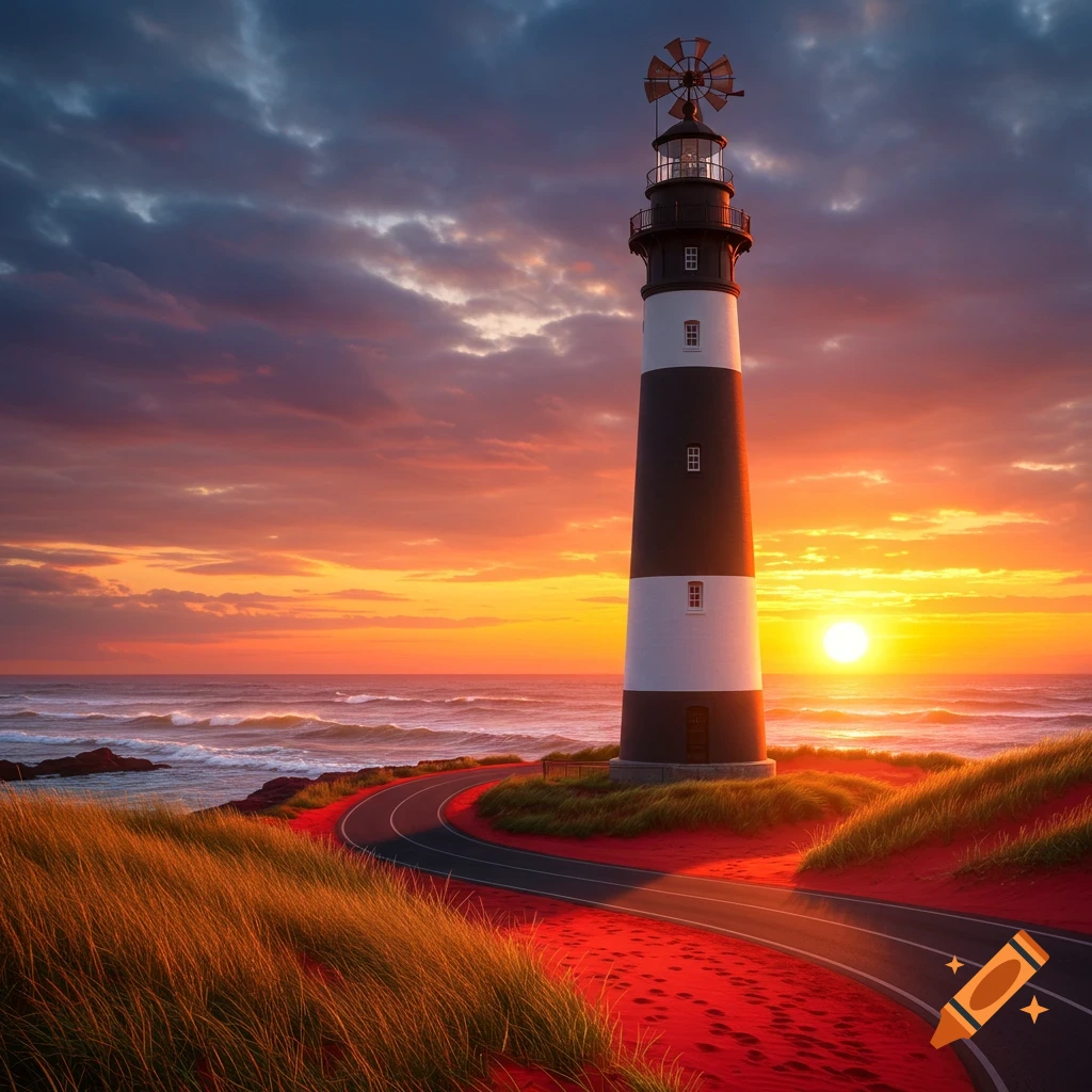 A lighthouse on a red sand coast at sunset with a curving road and tall grass.