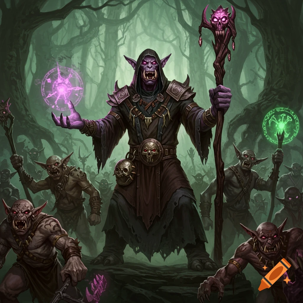A purple fantasy mage with glowing hands and staff leads a horde of goblin-like creatures in a dark forest.